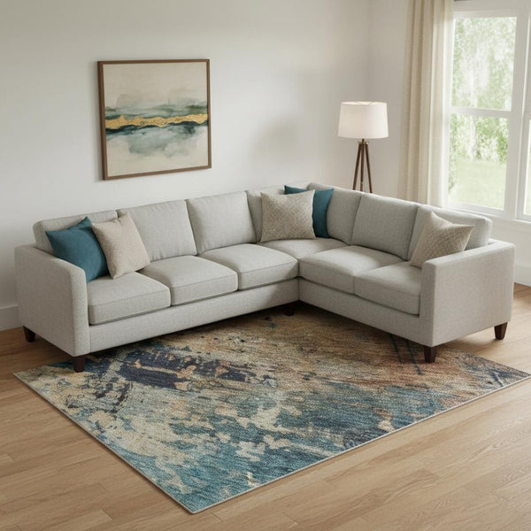 HomeRoots 10' X 14' Teal Beige Gray Modern Abstract Area Rug - Washable, UV Protected, Durable for High-Traffic Homes 688364