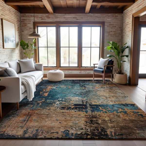 HomeRoots 10' X 14' Teal Beige Gray Modern Abstract Area Rug - Washable, UV Protected, Durable for High-Traffic Homes 688364