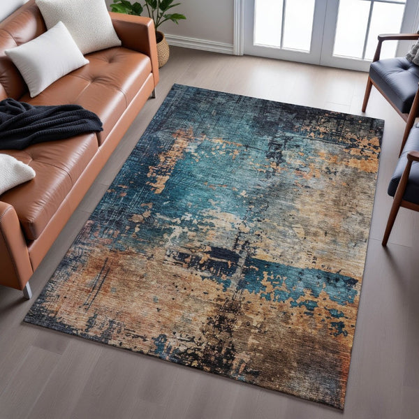 HomeRoots 10' X 14' Teal Beige Gray Modern Abstract Area Rug - Washable, UV Protected, Durable for High-Traffic Homes 688364