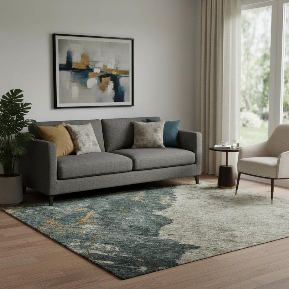 HomeRoots 5' X 8' Modern Abstract Area Rug in Taupe, Teal & Pink – Washable, UV-Protected & Durable Design 688366