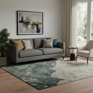 HomeRoots 5' X 8' Modern Abstract Area Rug in Taupe, Teal & Pink – Washable, UV-Protected & Durable Design 688366