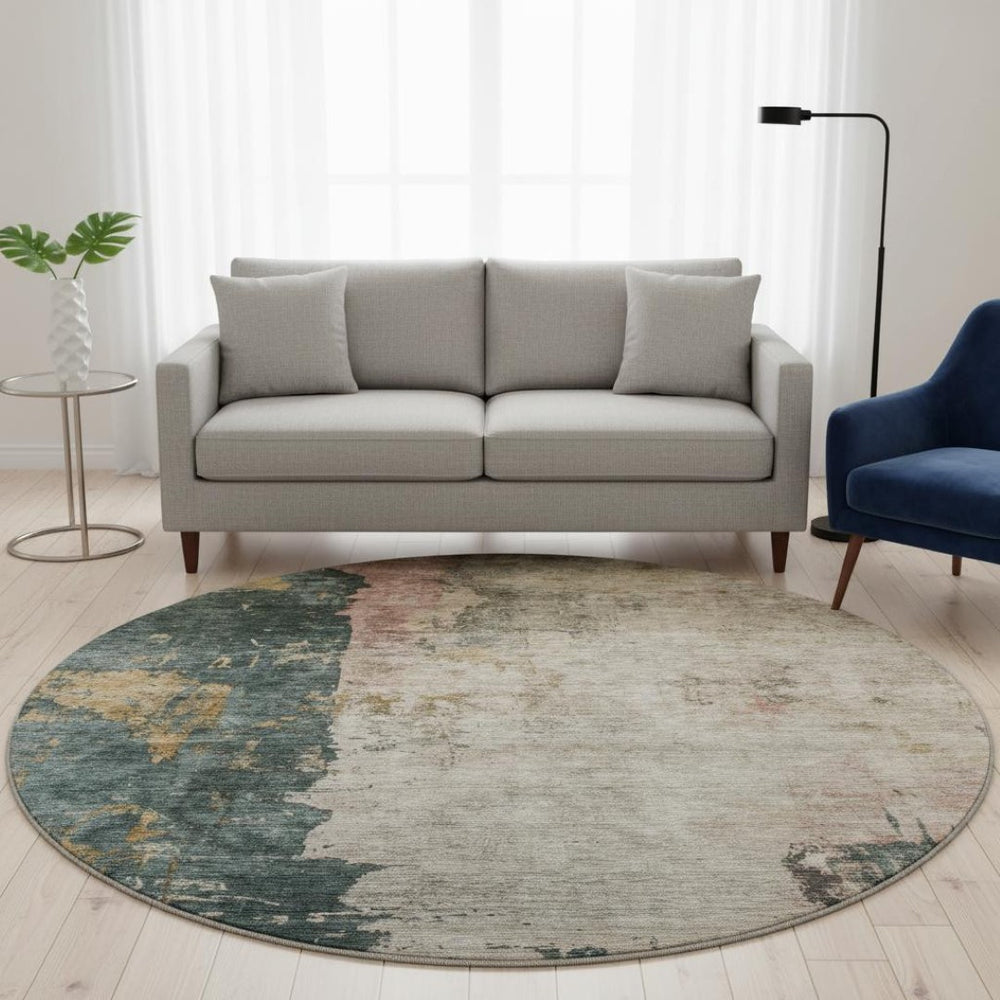 HomeRoots 8' Stylish Taupe Teal & Pink Abstract Washable Round Rug with UV Protection for Kids & Pets 688367