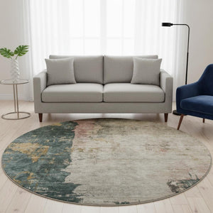 HomeRoots 8' Stylish Taupe Teal & Pink Abstract Washable Round Rug with UV Protection for Kids & Pets 688367