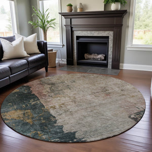 HomeRoots 8' Stylish Taupe Teal & Pink Abstract Washable Round Rug with UV Protection for Kids & Pets 688367