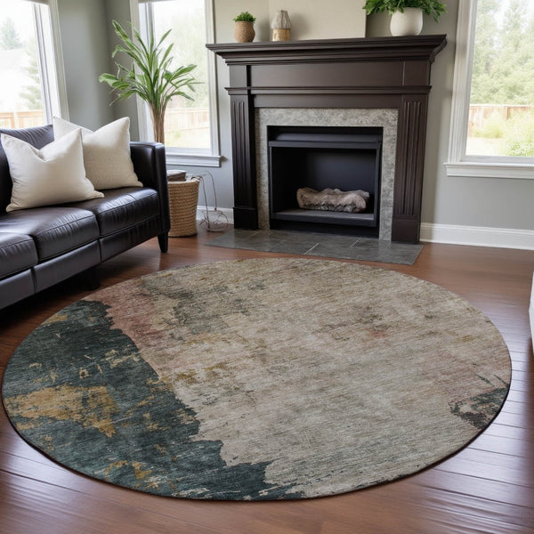 HomeRoots 8' Stylish Taupe Teal & Pink Abstract Washable Round Rug with UV Protection for Kids & Pets 688367