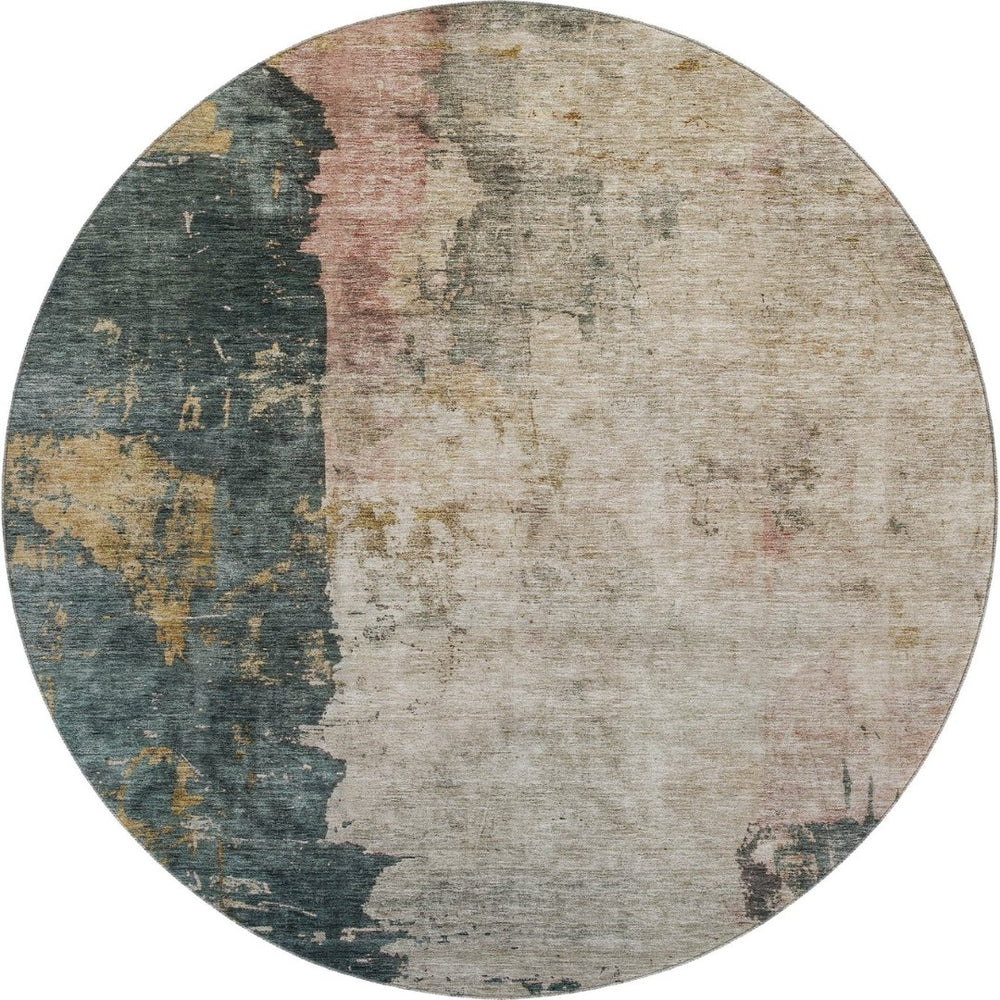 HomeRoots 8' Stylish Taupe Teal & Pink Abstract Washable Round Rug with UV Protection for Kids & Pets 688367