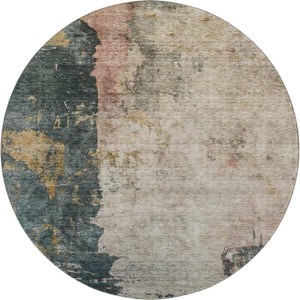 HomeRoots 8' Stylish Taupe Teal & Pink Abstract Washable Round Rug with UV Protection for Kids & Pets 688367