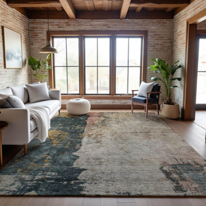 HomeRoots 10' X 14' Stylish Abstract Washable Area Rug in Taupe, Teal & Pink - Durable, UV Protected Design! 688370