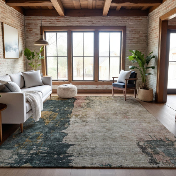 HomeRoots 10' X 14' Stylish Abstract Washable Area Rug in Taupe, Teal & Pink - Durable, UV Protected Design! 688370