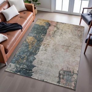 HomeRoots 10' X 14' Stylish Abstract Washable Area Rug in Taupe, Teal & Pink - Durable, UV Protected Design! 688370