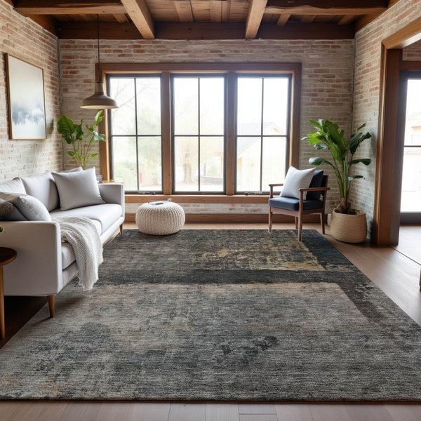 HomeRoots 5' Coffee and Beige Abstract Area Rug - Washable, UV Protected, Durable, Kid & Pet Friendly Design 688372