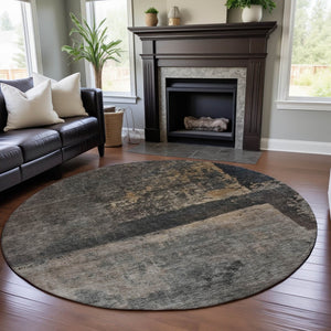HomeRoots 8' Abstract Coffee and Beige Round Rug - Washable, UV-Protected, Durable Design for Modern Homes 688373