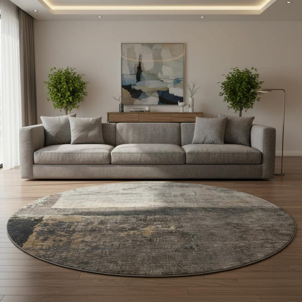 HomeRoots 8' Abstract Coffee and Beige Round Rug - Washable, UV-Protected, Durable Design for Modern Homes 688373