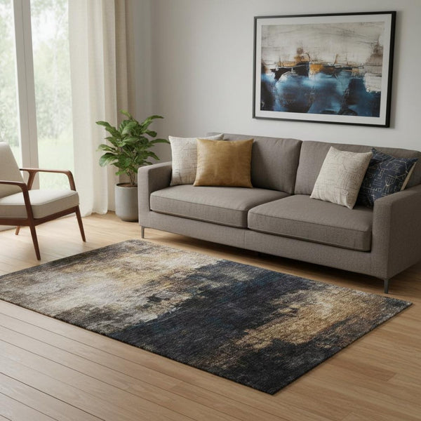 HomeRoots 5' X 8' Modern Abstract Charcoal & Gold Area Rug – Washable, UV-Protected, Stain-Resistant Design! 688378