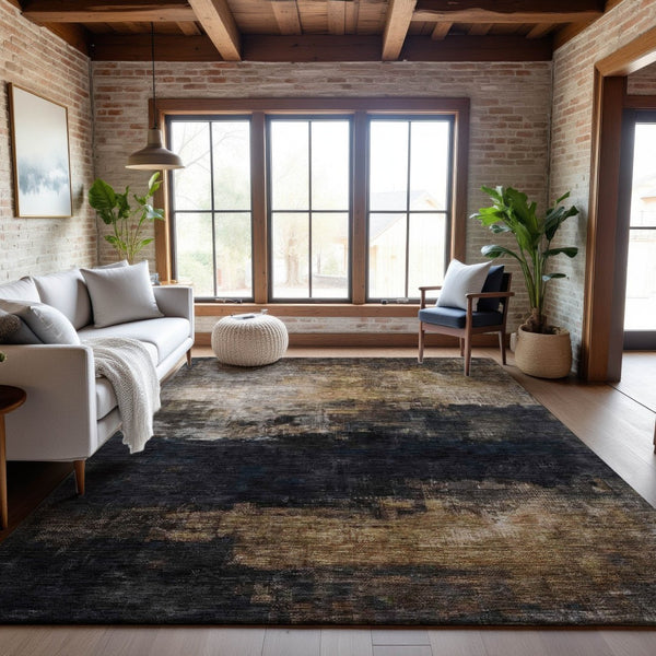 HomeRoots 5' X 8' Modern Abstract Charcoal & Gold Area Rug – Washable, UV-Protected, Stain-Resistant Design! 688378