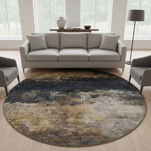 HomeRoots 8' Charcoal Gold & Beige Abstract Round Rug – Washable, UV Protected, Stylish for Any Space 688379