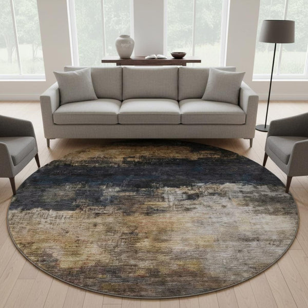 HomeRoots 8' Charcoal Gold & Beige Abstract Round Rug – Washable, UV Protected, Stylish for Any Space 688379