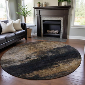 HomeRoots 8' Charcoal Gold & Beige Abstract Round Rug – Washable, UV Protected, Stylish for Any Space 688379