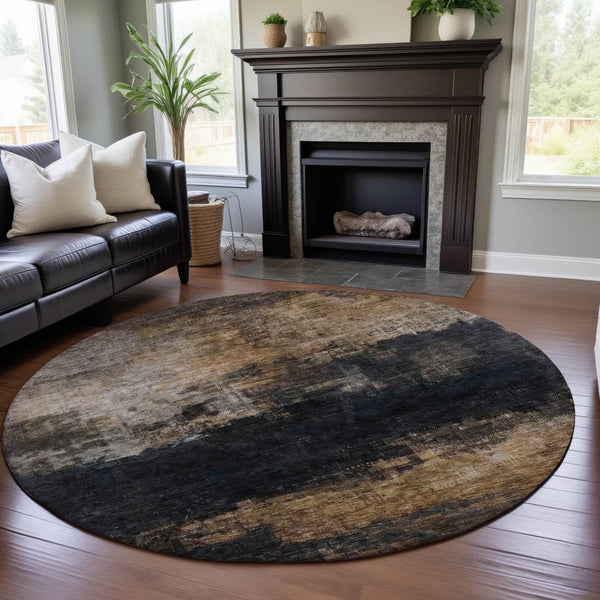 HomeRoots 8' Charcoal Gold & Beige Abstract Round Rug – Washable, UV Protected, Stylish for Any Space 688379