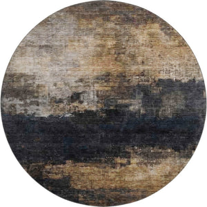 HomeRoots 8' Charcoal Gold & Beige Abstract Round Rug – Washable, UV Protected, Stylish for Any Space 688379
