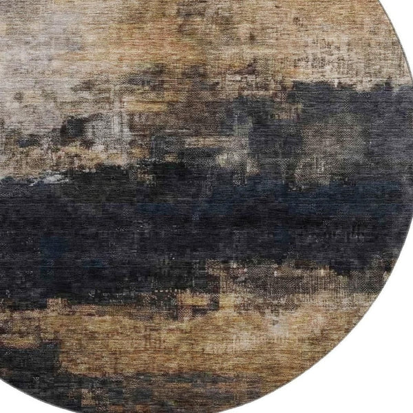 HomeRoots 8' Charcoal Gold & Beige Abstract Round Rug – Washable, UV Protected, Stylish for Any Space 688379