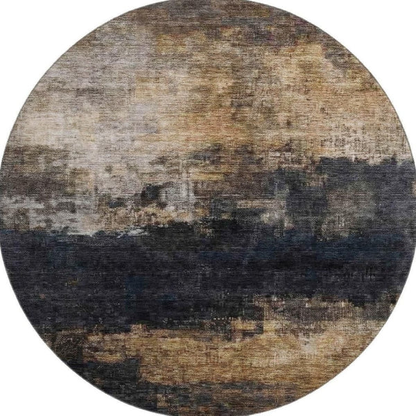 HomeRoots 8' Charcoal Gold & Beige Abstract Round Rug – Washable, UV Protected, Stylish for Any Space 688379