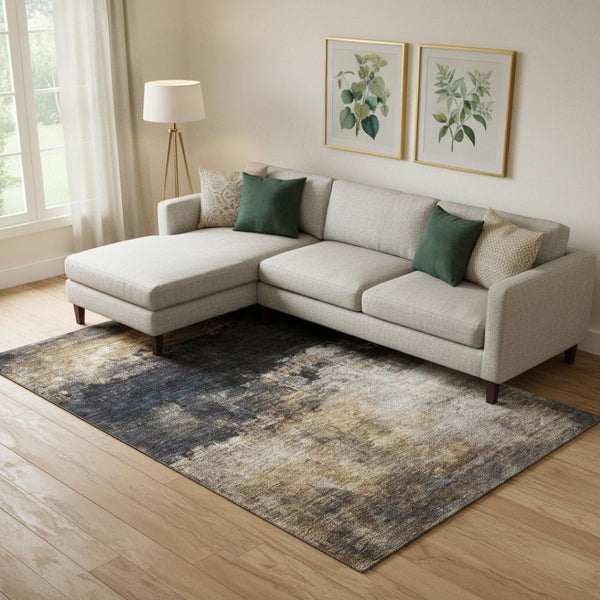 HomeRoots 9' X 12' Charcoal Gold Beige Abstract Area Rug - Washable, UV Protected & Stain Resistant Design 688381