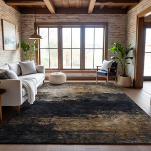 HomeRoots 9' X 12' Charcoal Gold Beige Abstract Area Rug - Washable, UV Protected & Stain Resistant Design 688381