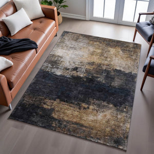 HomeRoots 9' X 12' Charcoal Gold Beige Abstract Area Rug - Washable, UV Protected & Stain Resistant Design 688381