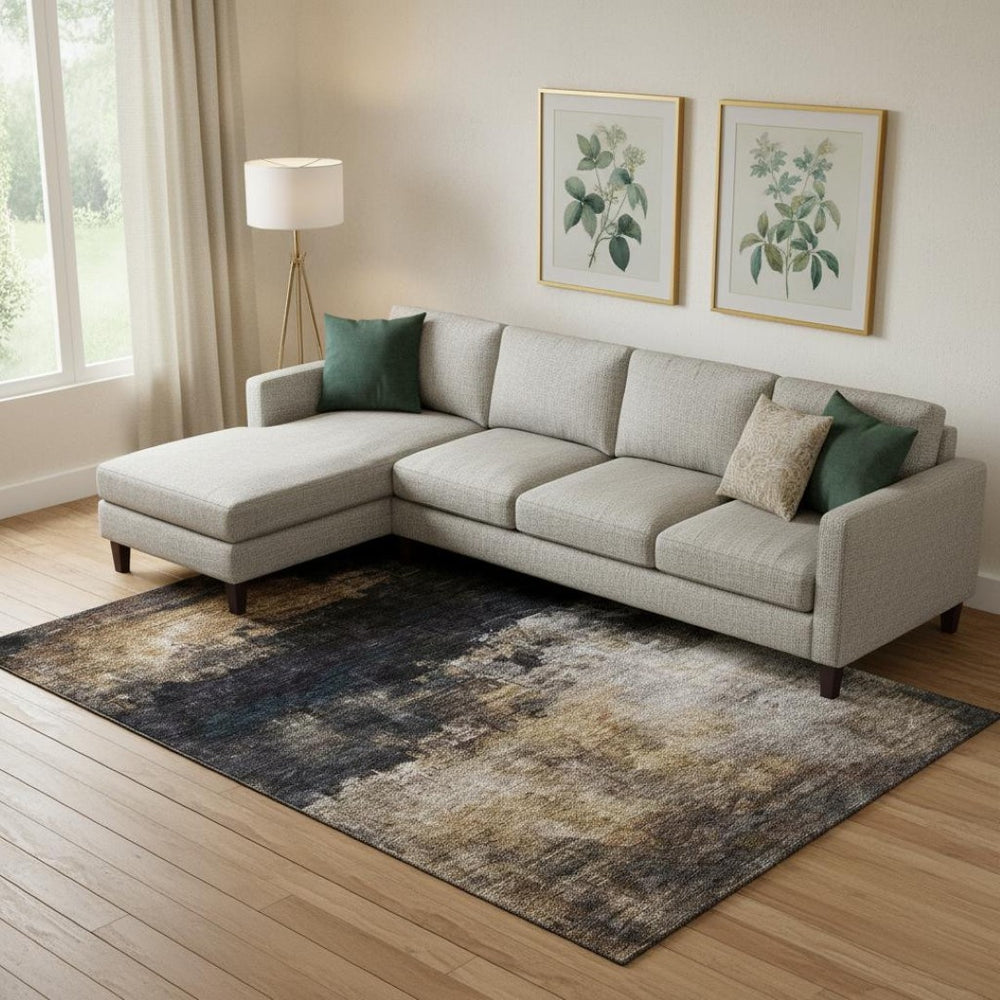 HomeRoots 10' X 14' Charcoal Gold & Beige Abstract Washable Area Rug - Durable, Stylish, UV Protected Design! 688382