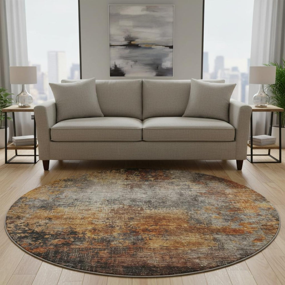HomeRoots 8' Washable Round Rug in Rust, Silver & Gray - UV Protected, Stain Resistant, Perfect for Any Space! 688385
