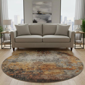 HomeRoots 8' Washable Round Rug in Rust, Silver & Gray - UV Protected, Stain Resistant, Perfect for Any Space! 688385