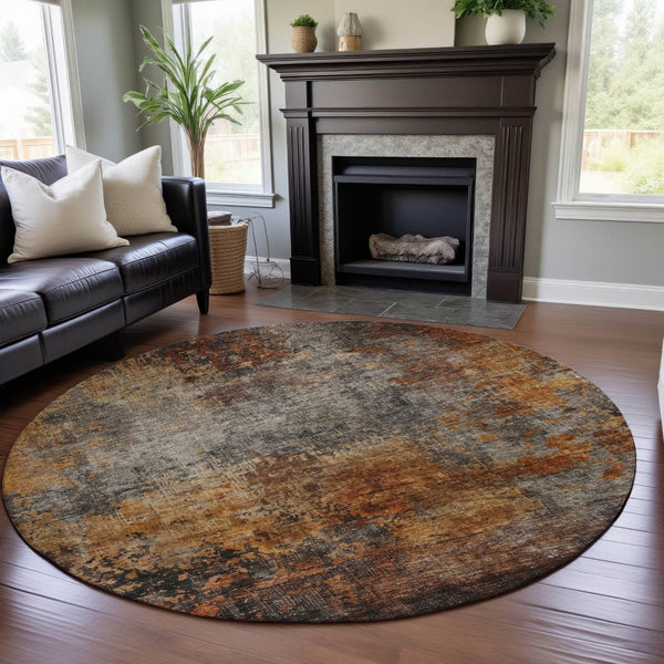 HomeRoots 8' Washable Round Rug in Rust, Silver & Gray - UV Protected, Stain Resistant, Perfect for Any Space! 688385