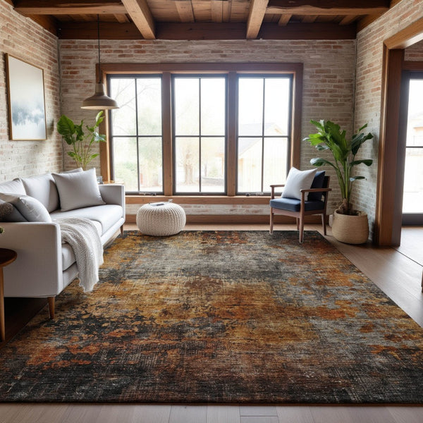 HomeRoots 9' X 12' Stylish Rust Silver Gray Abstract Area Rug - Durable, Washable, UV Protected for Homes 688387