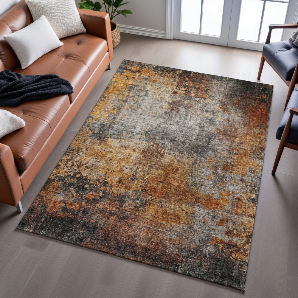 HomeRoots 9' X 12' Stylish Rust Silver Gray Abstract Area Rug - Durable, Washable, UV Protected for Homes 688387
