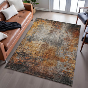 HomeRoots 9' X 12' Stylish Rust Silver Gray Abstract Area Rug - Durable, Washable, UV Protected for Homes 688387