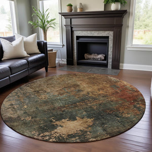 HomeRoots 8' Sage Copper Gold Abstract Washable Round Rug - Durable, Stain Resistant & UV Protected Beauty 688392