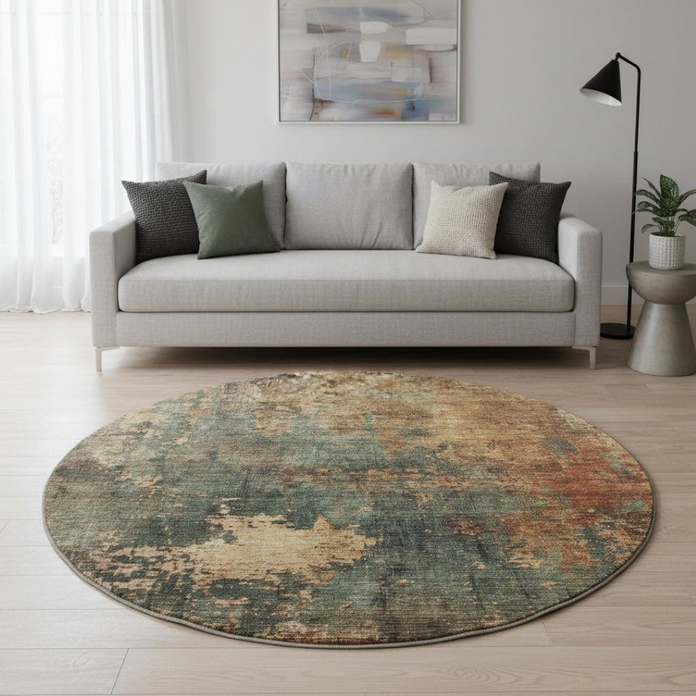 HomeRoots 8' Sage Copper Gold Abstract Washable Round Rug - Durable, Stain Resistant & UV Protected Beauty 688392