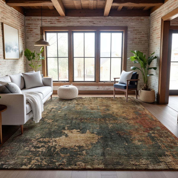 HomeRoots 9' X 12' Stylish Sage Copper Gold Abstract Washable Area Rug with UV Protection for Modern Homes 688394