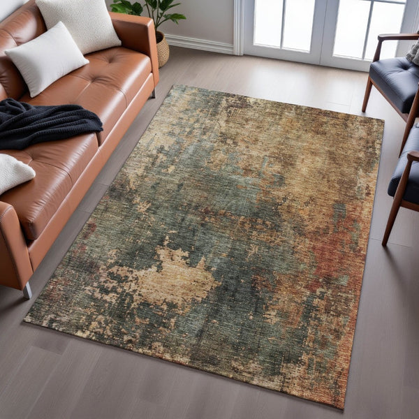 HomeRoots 9' X 12' Stylish Sage Copper Gold Abstract Washable Area Rug with UV Protection for Modern Homes 688394