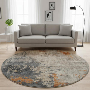 HomeRoots 8' Khaki Beige & Blue Abstract Washable Round Rug - Durable, UV-Protected, Stylish for Any Space 688398