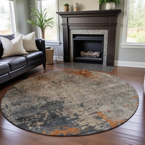 HomeRoots 8' Khaki Beige & Blue Abstract Washable Round Rug - Durable, UV-Protected, Stylish for Any Space 688398