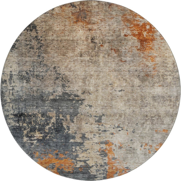 HomeRoots 8' Khaki Beige & Blue Abstract Washable Round Rug - Durable, UV-Protected, Stylish for Any Space 688398