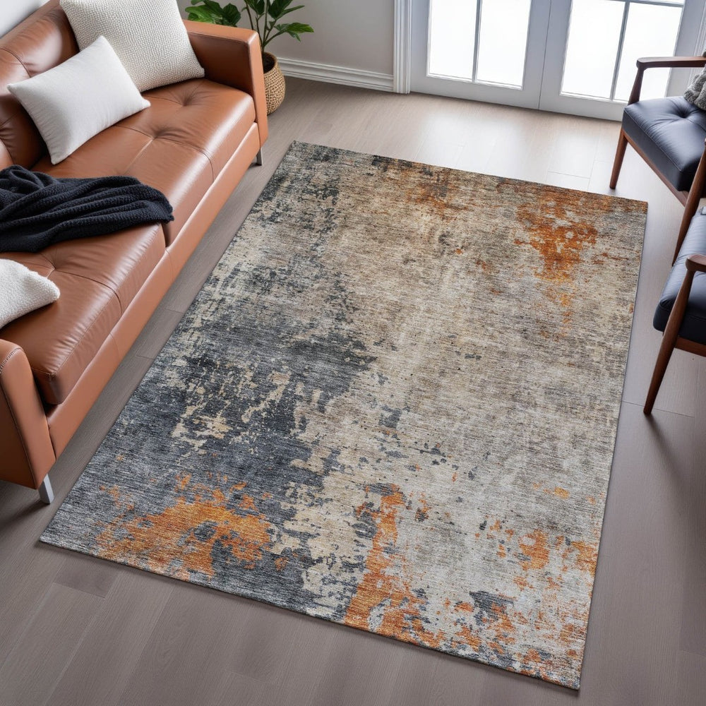 HomeRoots 8' X 10' Khaki Beige & Blue Abstract Area Rug - Washable, UV-Protected, Durable for High-Traffic Spaces 688399
