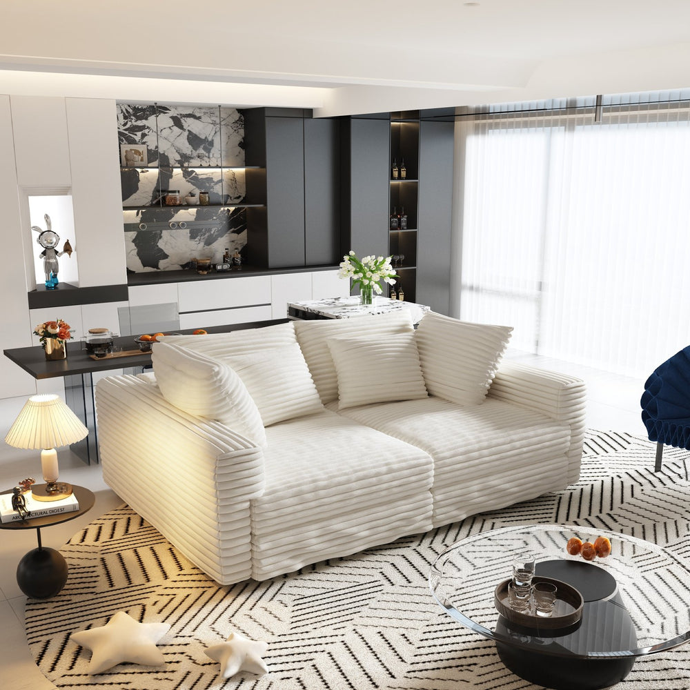 English Elm 102.4" Plush Corduroy 4-Seat Sofa — Convertible Deep-Seat Cloud Couch with Removable Backrest, Foam Pillows Beige+White W1885P333641