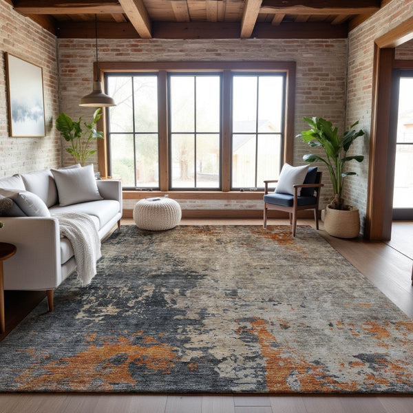 HomeRoots 10' Khaki Beige & Blue Abstract Washable Area Rug - Durable, UV-Protected, Perfect for Busy Homes! 688401