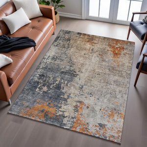 HomeRoots 10' Khaki Beige & Blue Abstract Washable Area Rug - Durable, UV-Protected, Perfect for Busy Homes! 688401