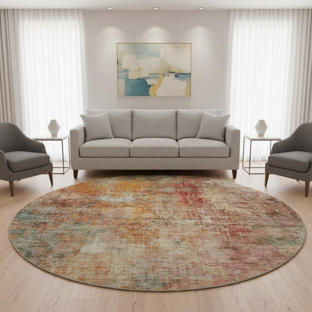 HomeRoots 8' Tan Beige and Red Abstract Rug - Washable, Stain Resistant, UV Protected for Busy Homes & Decor 688404