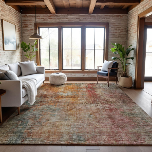 HomeRoots 8' X 10' Abstract Washable Area Rug in Tan, Beige & Red – Durable, UV-Protected for Family Homes 688405