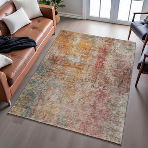 HomeRoots 8' X 10' Abstract Washable Area Rug in Tan, Beige & Red – Durable, UV-Protected for Family Homes 688405